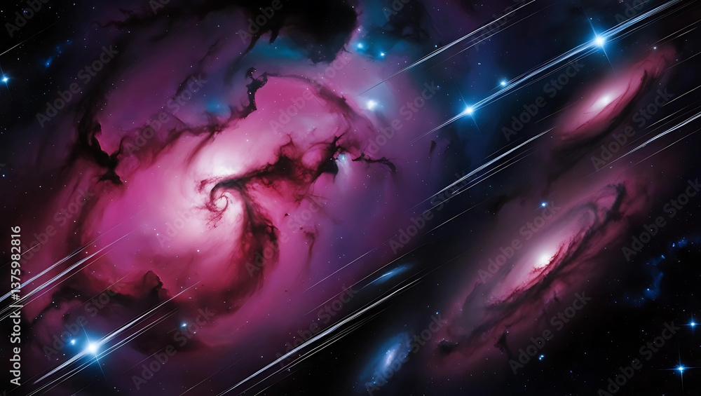 A depiction of outer space with swirling galaxies and shooting stars.
A depiction of outer space with swirling galaxies and shooting stars.