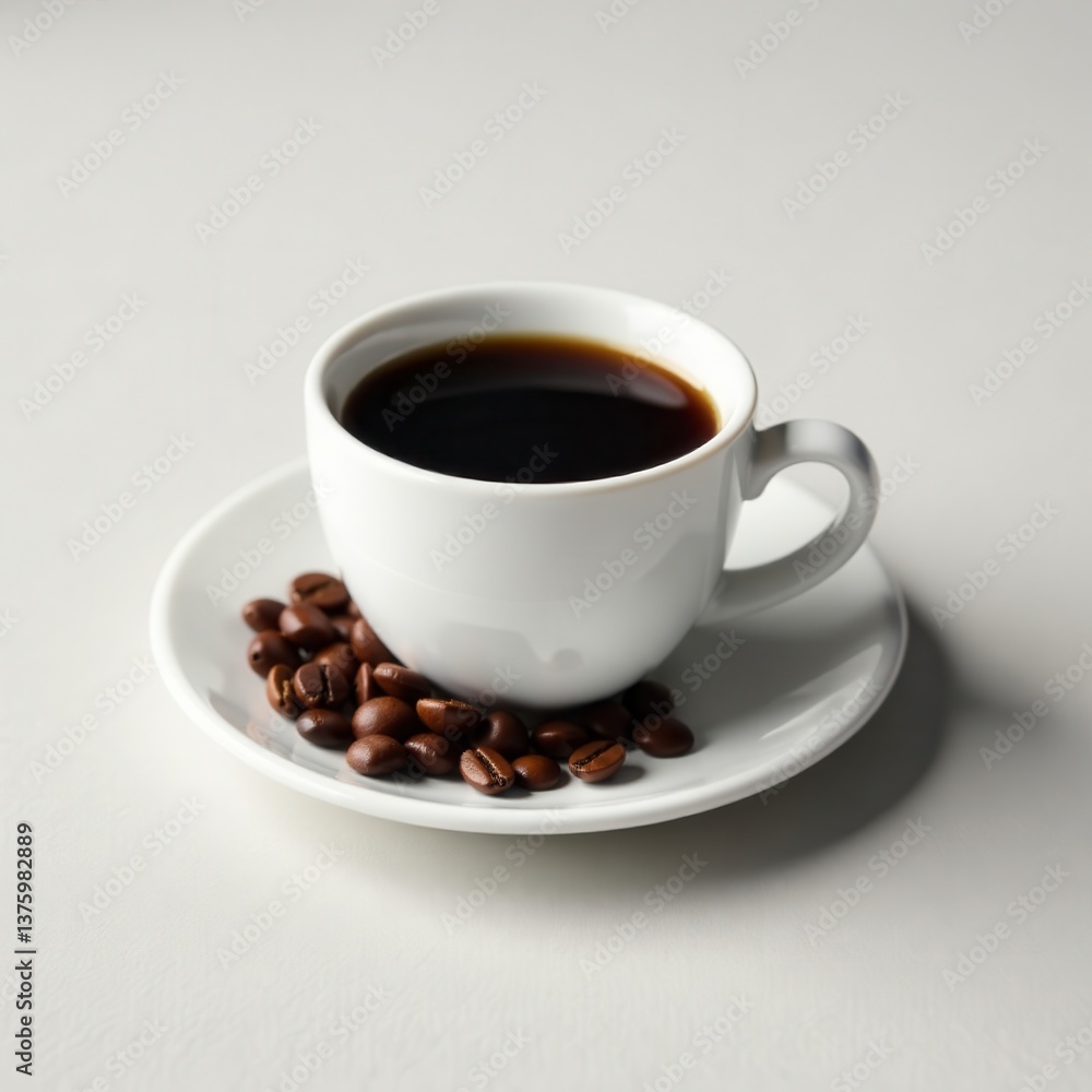 Aromatic coffee cup and beans on pristine white plate , overhead shot, brew, americano Aromatic coffee cup and beans on pristine white plate , overhead shot, brew, americano