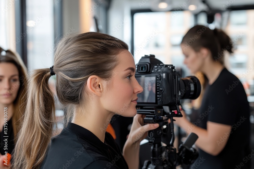 A woman in profile poses for a photograph in a bright studio, highlighting her features and the close interaction with the camera, showcasing her beauty and professionalism.