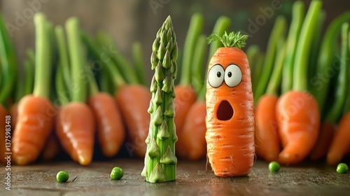 A confused asparagus standing tall, looking around at a group of carrots and peas all giggling together.