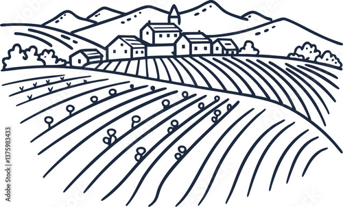 Rural farm landscape illustration with fields and hills
