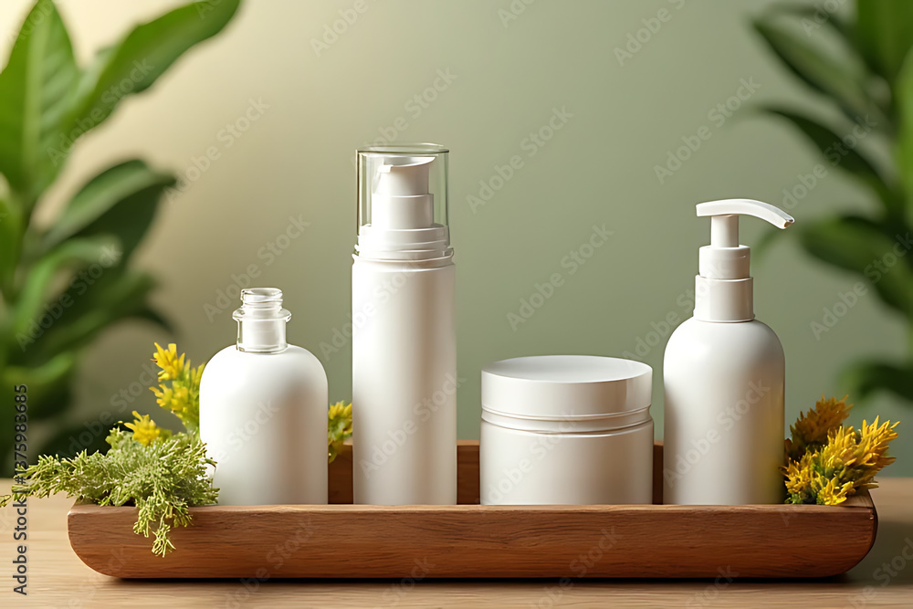 Natural skincare products displayed on wooden tray indoor setting botanical elements relaxed view Natural skincare products displayed on wooden tray indoor setting botanical elements relaxed view