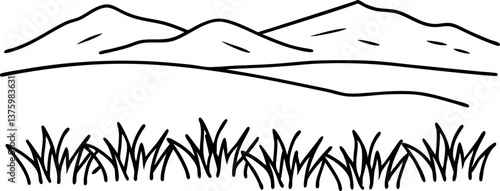 Minimalist landscape illustration with grassy foreground and distant rolling mountains