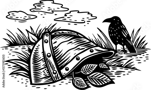 medieval helmet with crow in nature knight's armor, historical warrior, black and white illustration