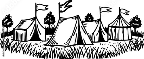 Illustration of rustic tents in nature setting with grass and trees