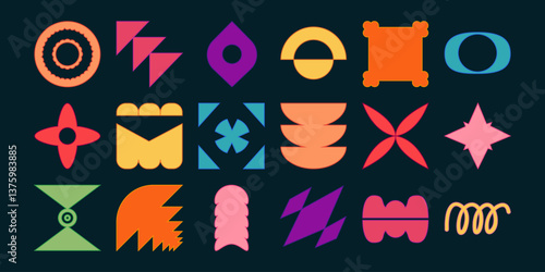 Collection of Geometric Abstract Shapes. Multicolored retro elements with groovy colors. Perfect for posters, flyers, brochures, print, stickers. 