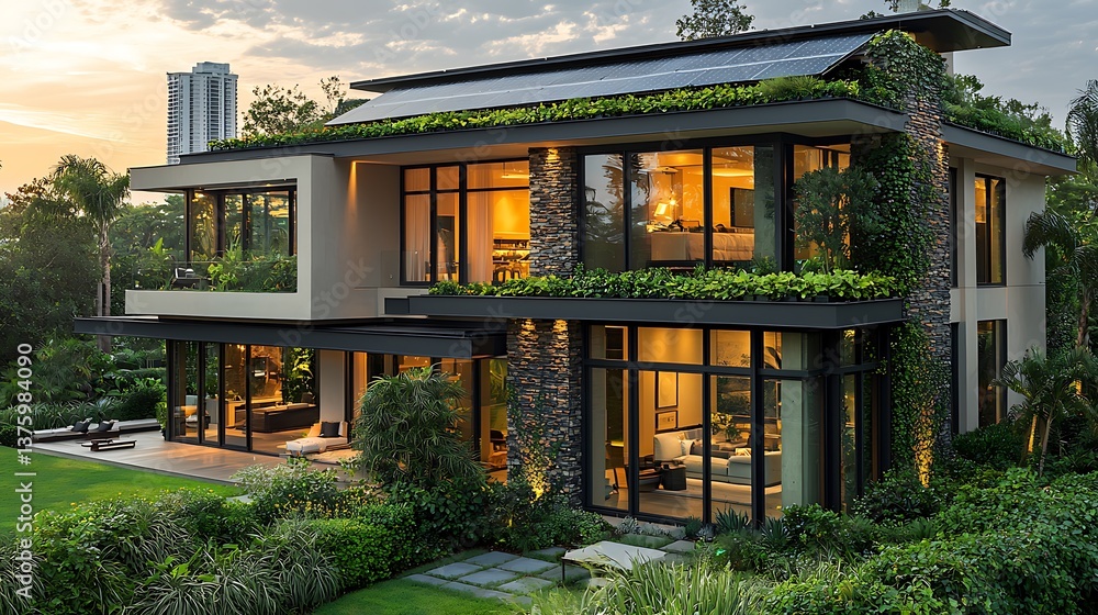 Obraz premium Modern luxury home with green roof and solar panels at sunset.
