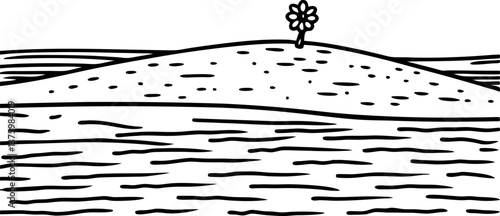 Solitary flower on hilltop, tranquil landscape sketch simple line art nature scene