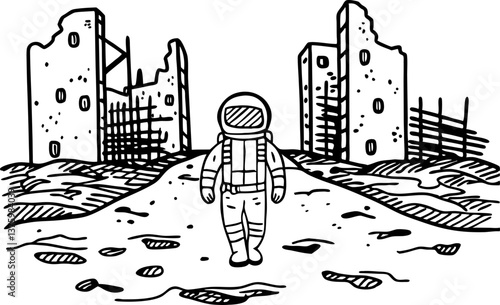 astronaut exploring post apocalyptic landscape with ruined buildings, monochrome illustration