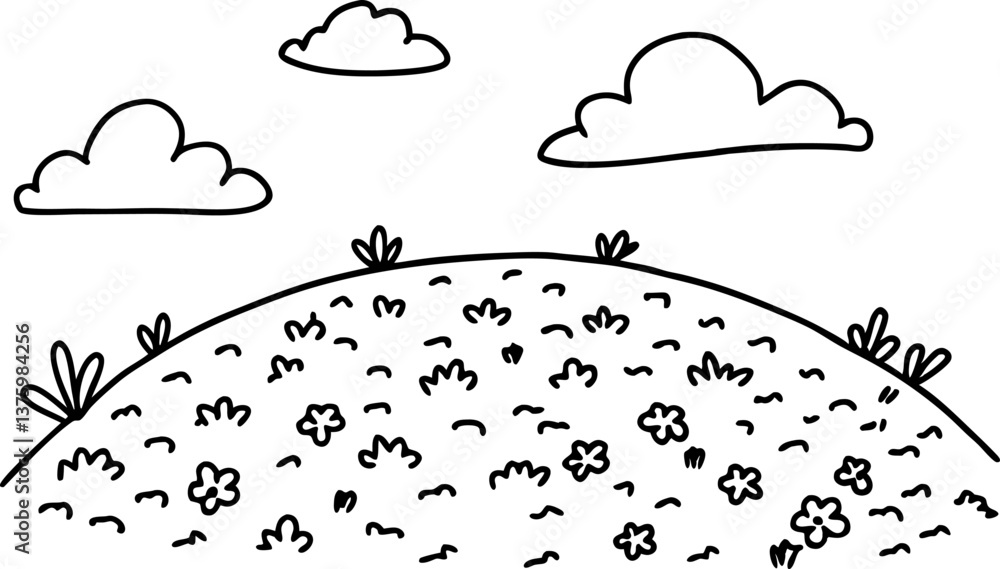 Naklejka premium Simple landscape drawing with clouds, hill, and flowers in minimalistic black and white