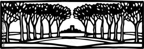 symmetrical tree lined pathway with scenic hillside view in black and white silhouette