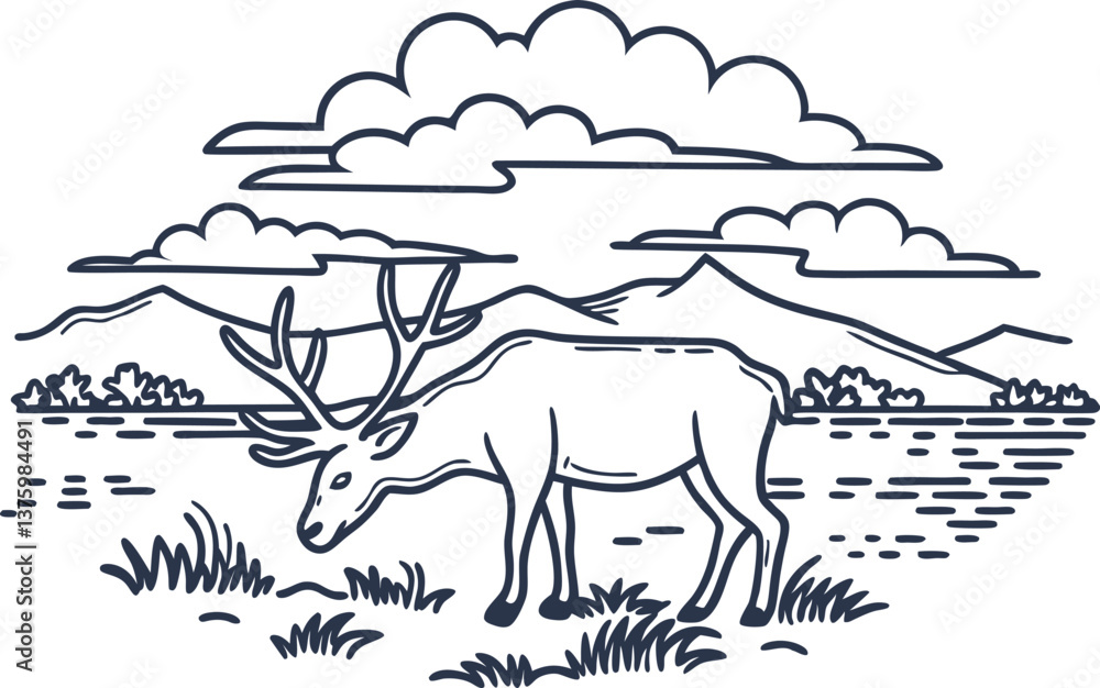 Fototapeta premium Deer grazing by lake with mountain and cloudy sky in rustic landscape drawing
