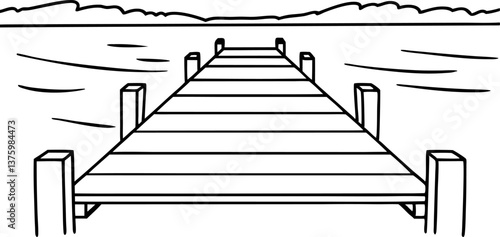 Wooden pier stretches into calm lake, serene landscape with horizon view