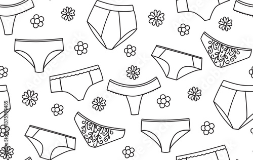 Seamless black and white pattern with woman panties and flowers. Background with underwear in doodle style