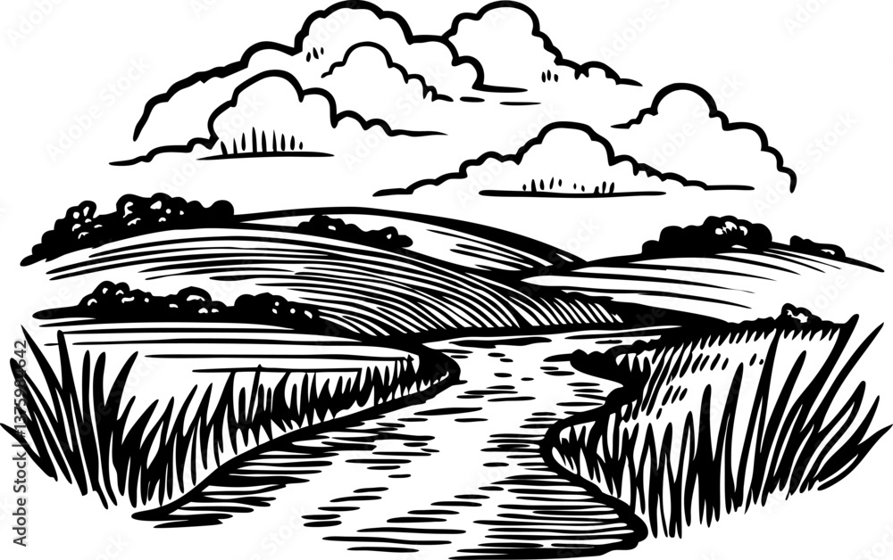 Fototapeta premium Tranquil rural landscape sketch with winding river and rolling hills under cloudy sky