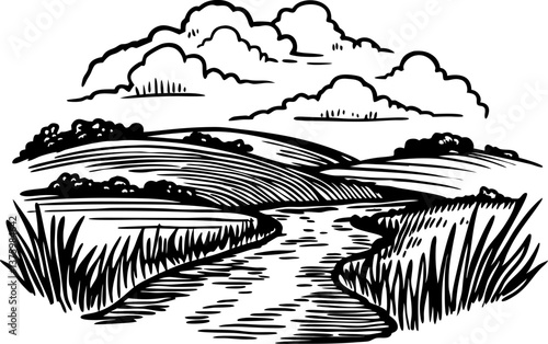 Tranquil rural landscape sketch with winding river and rolling hills under cloudy sky