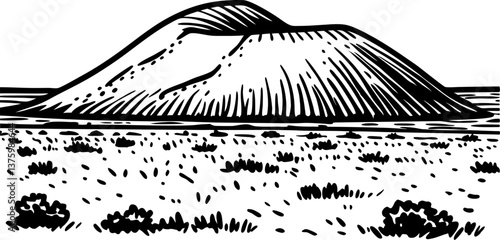 hilltop landscape sketch black and white illustration of countryside scenery, desert plants