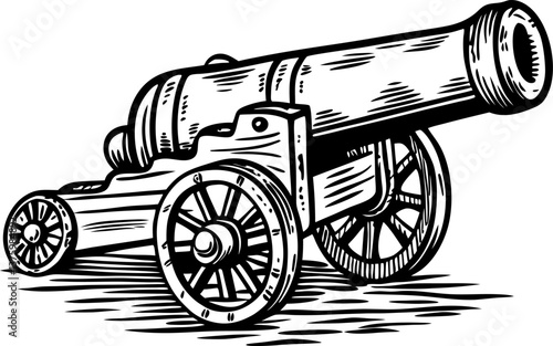 Vintage cannon illustration historical artillery with wooden wheels and classic design