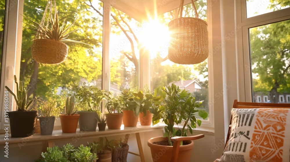 Fototapeta premium Sunlit Green Plants Home Interior