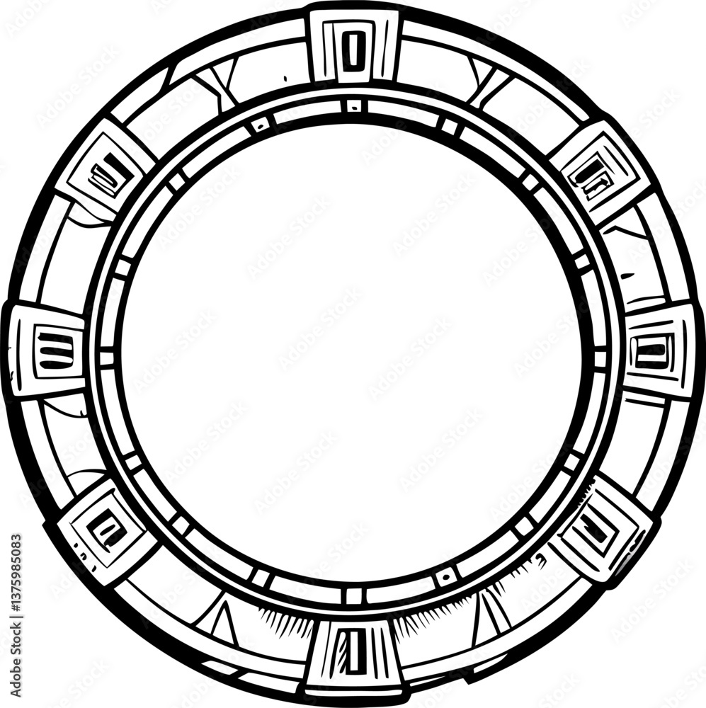 Circular geometric design, futuristic gateway or portal concept in black and white illustration Circular geometric design, futuristic gateway or portal concept in black and white illustration