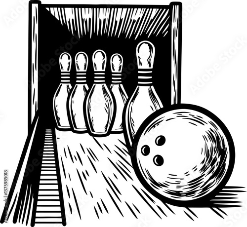 vintage bowling illustration bowling ball and pins in classic alley scene