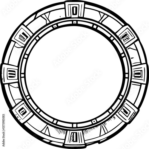 Circular geometric design, futuristic gateway or portal concept in black and white illustration