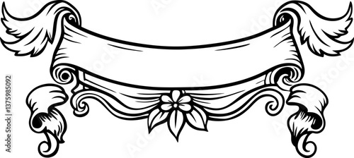 Vintage scroll banner design with ornamental swirls and central floral motif