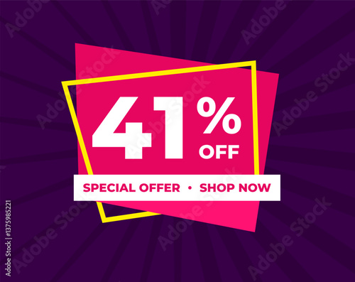 41% off, forty one percent, special offer, shop now. Background Label. Purple and pink. Discount special offer. Modern concept design. Vector illustration.