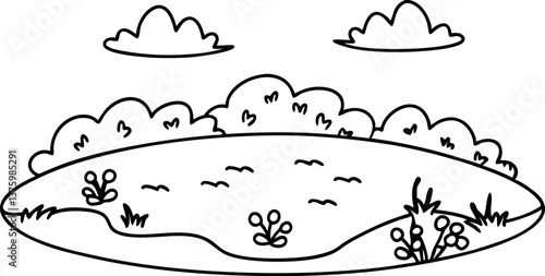 simple landscape illustration with pond, bushes, clouds minimalist nature sketch, outdoor scenery