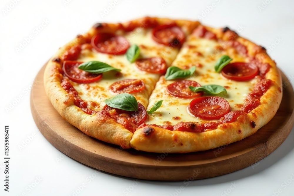 Close-up shot of a supreme pizza against a stark white backdrop , food photography, baked Close-up shot of a supreme pizza against a stark white backdrop , food photography, baked