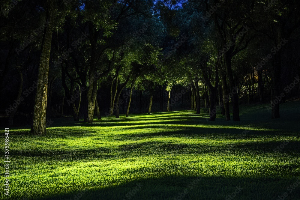 Obraz premium A dark forest pathway with sunlit grassy ground is revealed