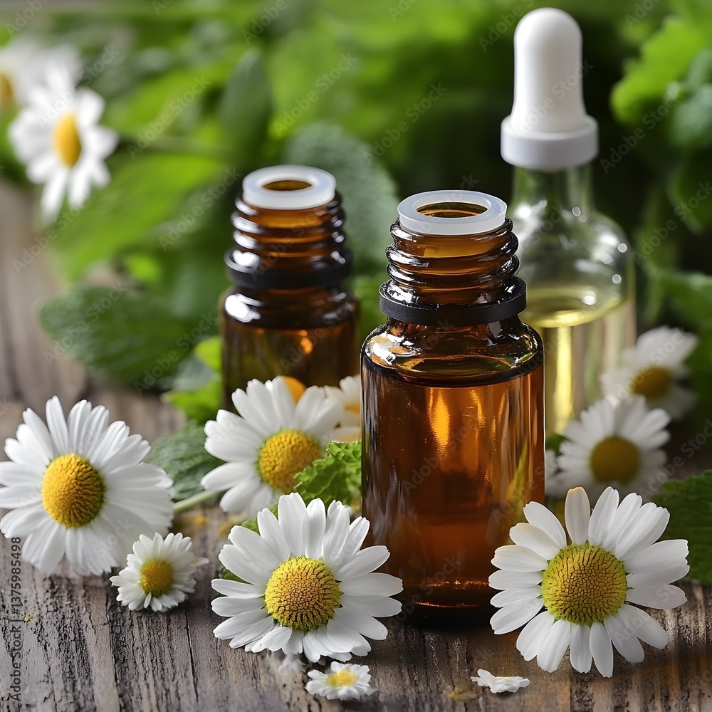 Chamomile and Mint Essential Oil Bottles, Aromatherapy Wellness Image Chamomile and Mint Essential Oil Bottles, Aromatherapy Wellness Image