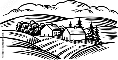 Rural landscape illustration with farmhouses and rolling hills in black and white