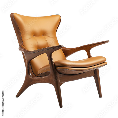 Mid-Century Modern Lounge Chair with Tan Leather Cushion, Cane Back, and Walnut Frame PNG Image