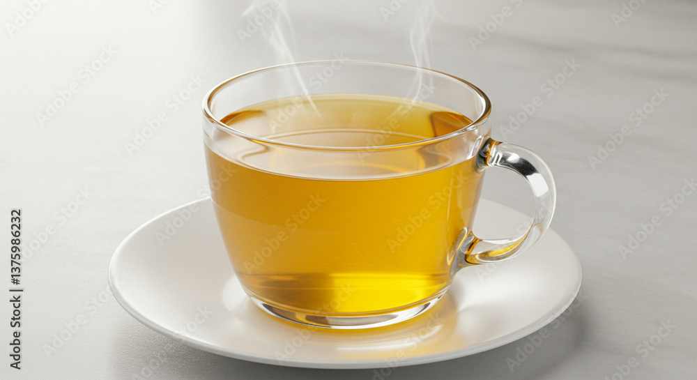 Glass Teacup with Fresh Bright Tea on a White Saucer, Inviting and Refreshing Glass Teacup with Fresh Bright Tea on a White Saucer, Inviting and Refreshing