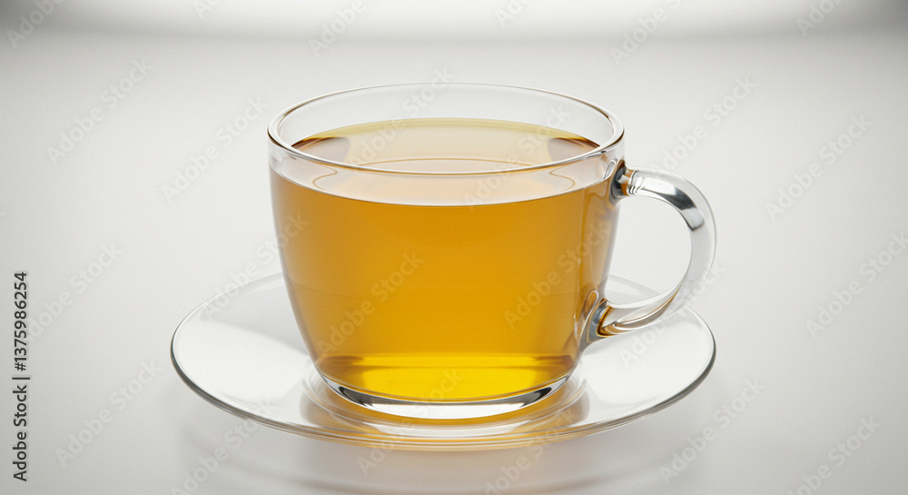 Glass Teacup with Fresh Bright Tea on a White Saucer, Inviting and Refreshing Glass Teacup with Fresh Bright Tea on a White Saucer, Inviting and Refreshing