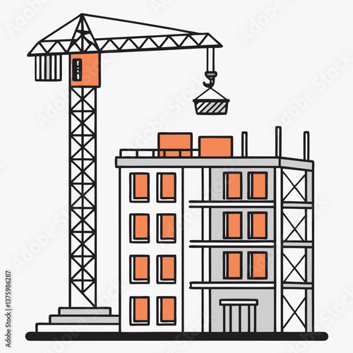 オレンジ色のフラットなスタイルでクレーンを備えた建設中のビル
