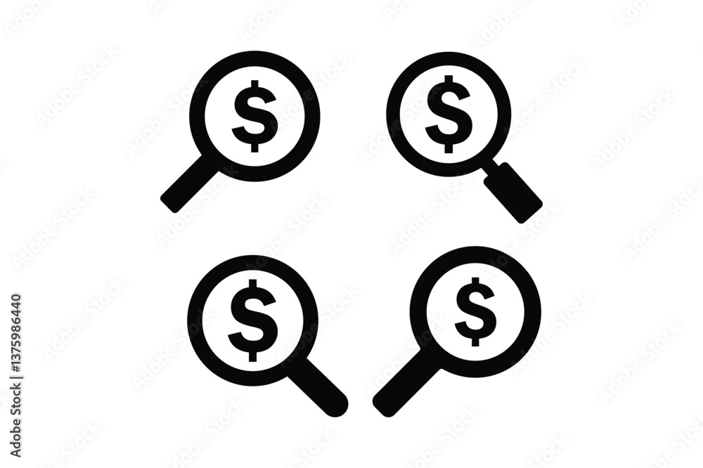 Magnifying Glass with Dollar Icon Sets, money search icon vector, search dollar icon, magnifying glass dollar, dollar magnifier icon Magnifying Glass with Dollar Icon Sets, money search icon vector, search dollar icon, magnifying glass dollar, dollar magnifier icon
