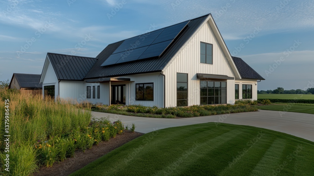 Front view of an off-white farmhouse featuring modern architecture, black accents, and solar panels in a vibrant residential area