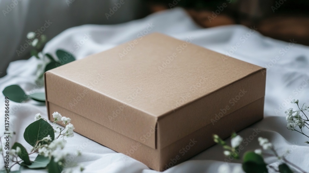 Gift box placed elegantly on soft fabric with delicate flowers around it in a warm, inviting setting