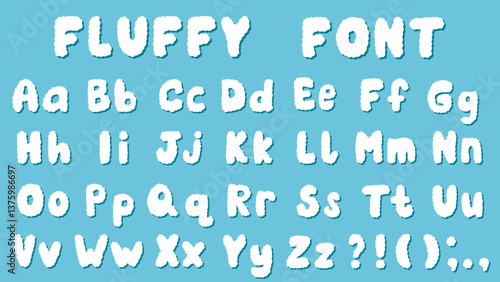 Fluffy cloud font. English playful alphabet for children s design. Cute cozy uppercase and lowercase letters, punctuation marks. Vector graphics