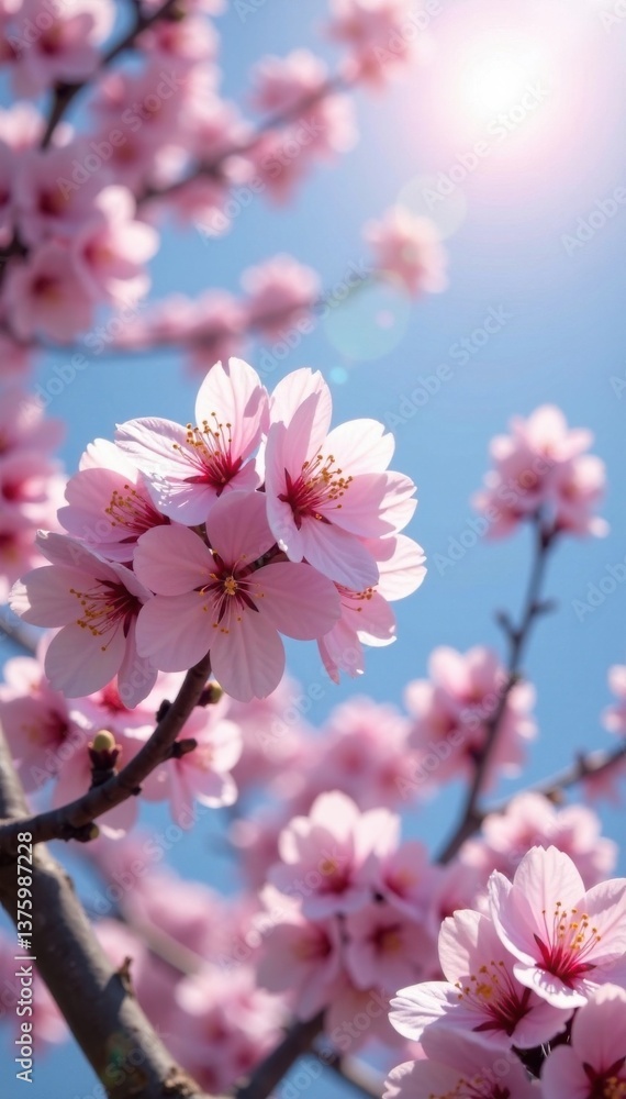 Obraz premium Blooming cherry blossom in full bloom under sunny sky, blossom, cherry blossoms, garden