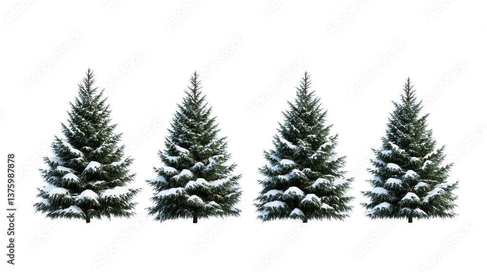 Four fir trees covered with snow standing in a row, cut out transparent Four fir trees covered with snow standing in a row, cut out transparent