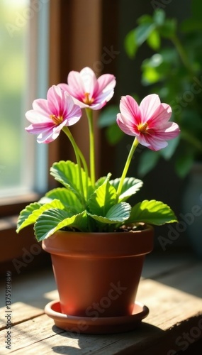 Wallpaper Mural Delicate pink & white primroses bloom in terracotta pot, sunlit rustic wood table , sunlit, colorful Torontodigital.ca