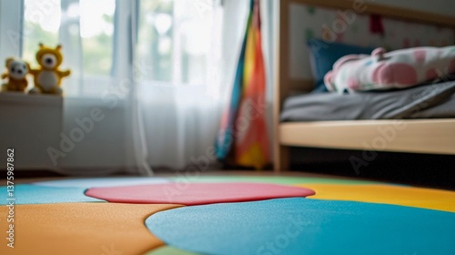 Obraz na płótnie Cozy children's bedroom featuring colorful play area and soft toys in bright daylight w salonie
