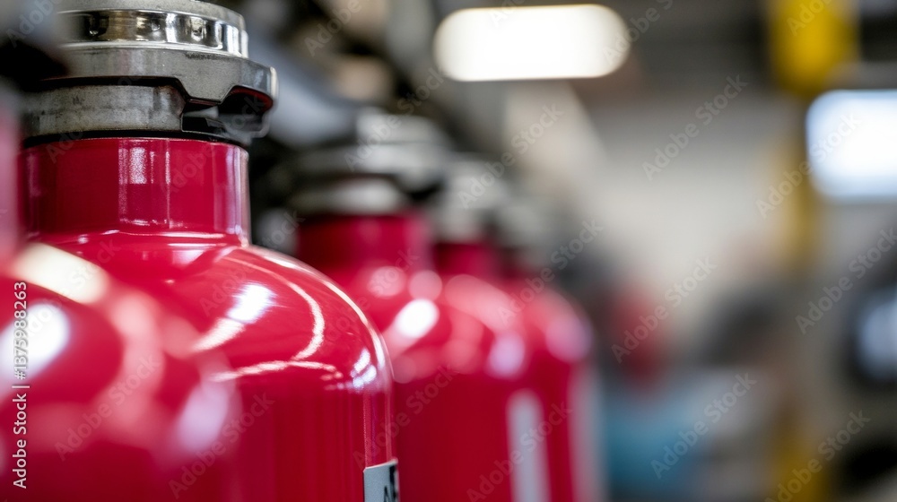 Fire extinguishers lined up in a storage area during safety equipment inspection