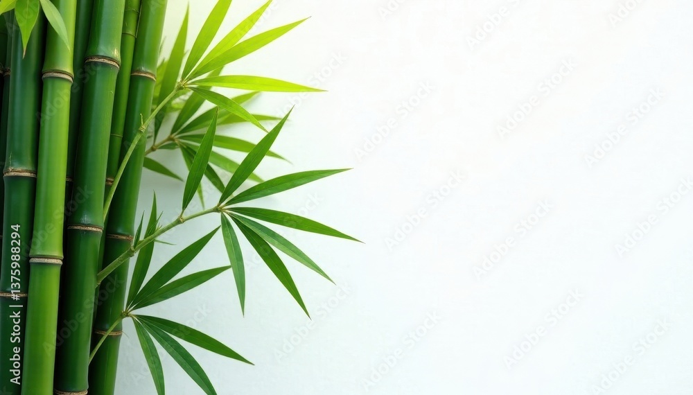 Naklejka premium Dense bamboo and palm fronds, stark white backdrop , palm trees, backdrop, clean