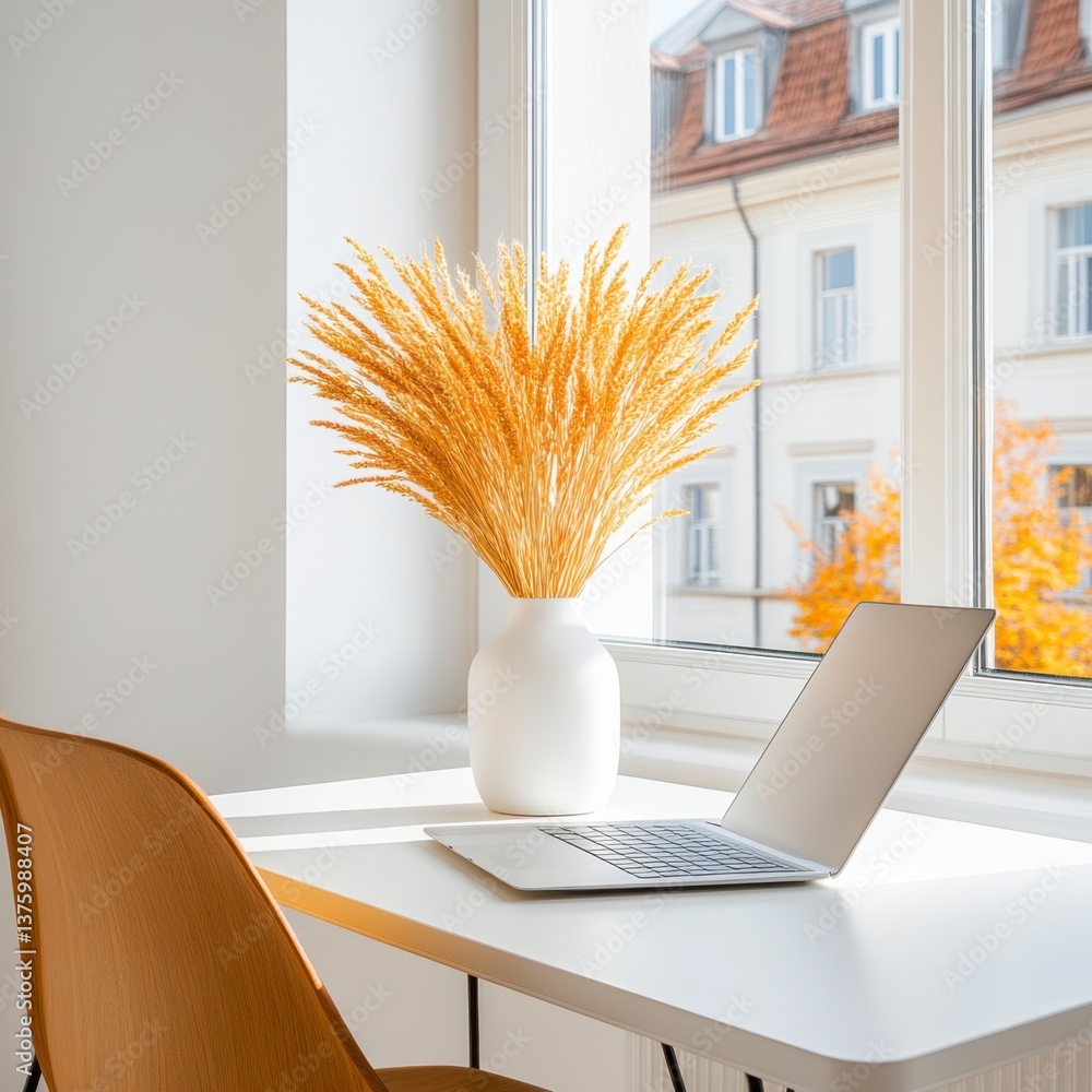 Naklejka premium White minimalist home office with a laptop, dried wheat in a vase, and a mustard yellow chair by a window overlooking an autumnal city scene.