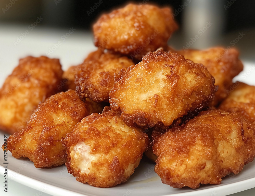 Crispy Golden Chicken Bites Pile on White Plate, Delicious Fried Food Snack Crispy Golden Chicken Bites Pile on White Plate, Delicious Fried Food Snack