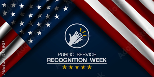 May is Public Service Recognition Week. American flag and hand. Great for posters, banners, social media and more. Blue background.